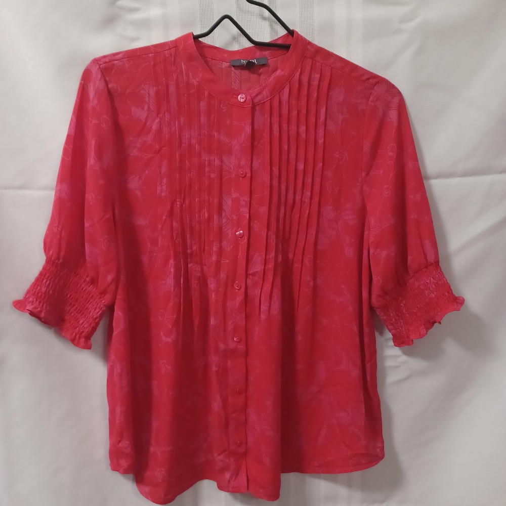 NYDJ Blouse Womens XS Red Floral Pintuck MGGT4187 Smocked Cuff 3/4 Sleeve